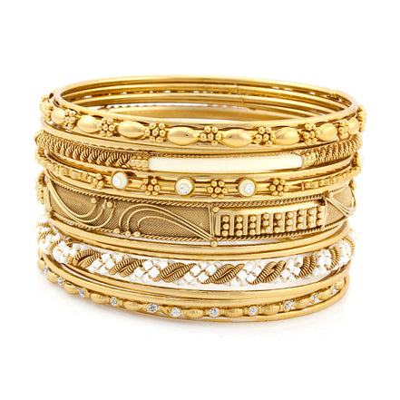 Gold-Tone Ivory Set Of 16 Pcs Crystal Plus Size Indian Bangles