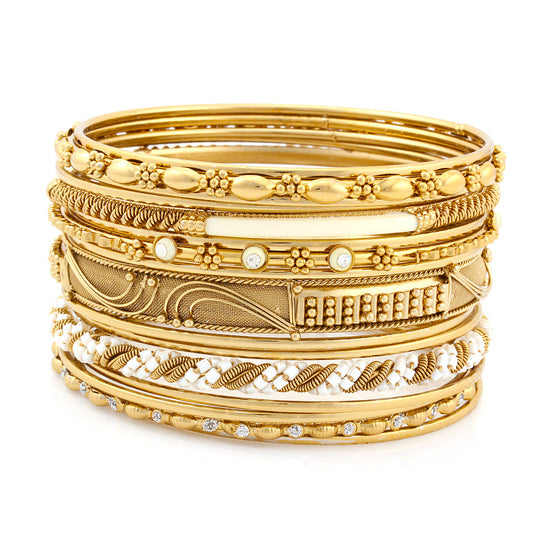 Gold-Tone Ivory Set Of 16 Pcs Crystal Plus Size Indian Bangles