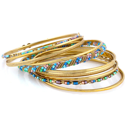 GOLD MULTI COLOR CRYSTAL SET OF 9 BANGLES  #KB00897PLUS_G-MLT GOLD -TONE (RD23)