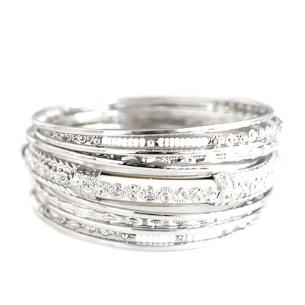 Bone with White Seed Beads Silver Bangles Set of 11pcs