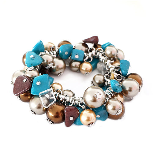 Gold and Brown Glass Pearl with Multi Beads Mixed Stretch Bracelet