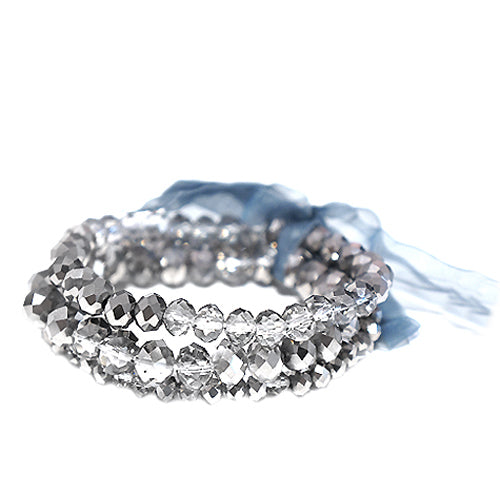 Silver Mixed Glass Crystal with Gray Bow Stretch Bracelet Set of 3pcs 