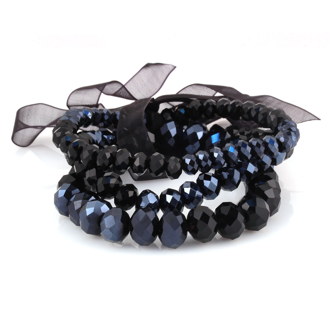 HEMATITE-BLACK MIXED GLASS CRYSTAL WITH BLACK BOW STRETCH BRACELET SET OF 3PCS  #HNB91067_HEM_MIX (MG12/R-HH6)