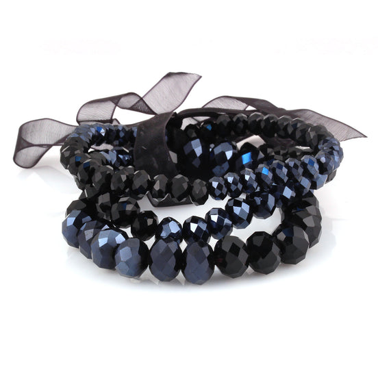 HEMATITE-BLACK MIXED GLASS CRYSTAL WITH BLACK BOW STRETCH BRACELET SET OF 3PCS  #HNB91067_HEM_MIX (MG12/R-HH6)