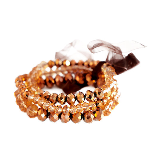 Topaz Mixed Glass Crystal with Brown Bow Stretch Bracelet Set of 3pcs 