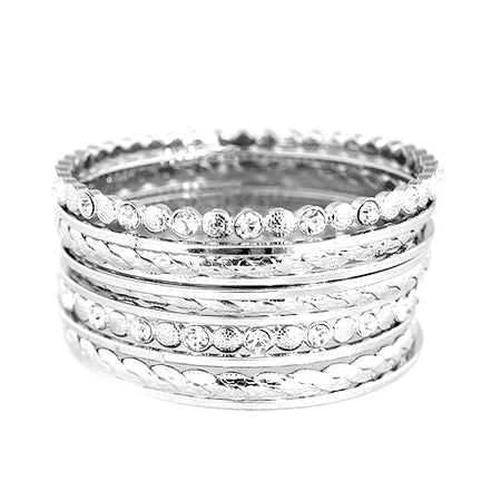 Shiny Silver Textured with Rhinestone Bangles Set of 11 PCS 