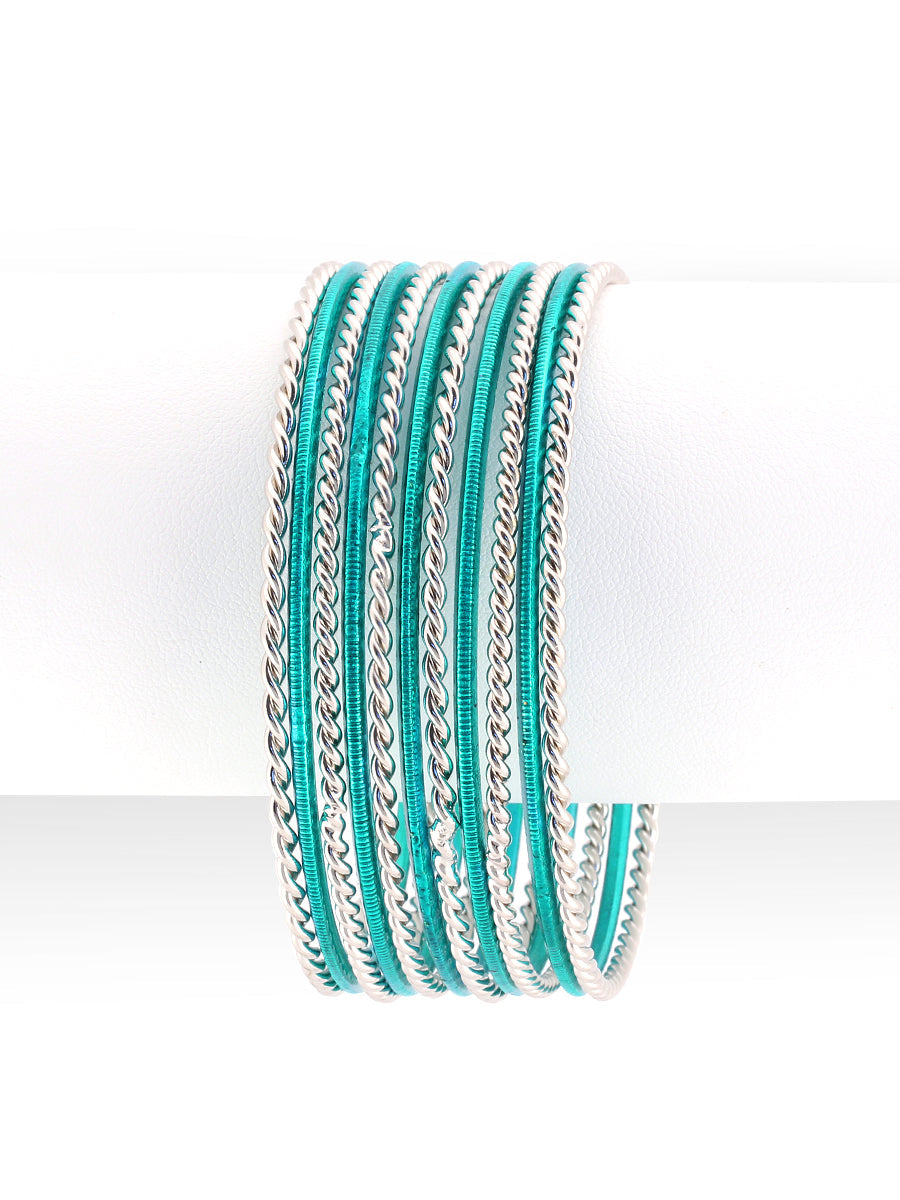 Teal and Silver Mixed Bangles Set of 11pcs        