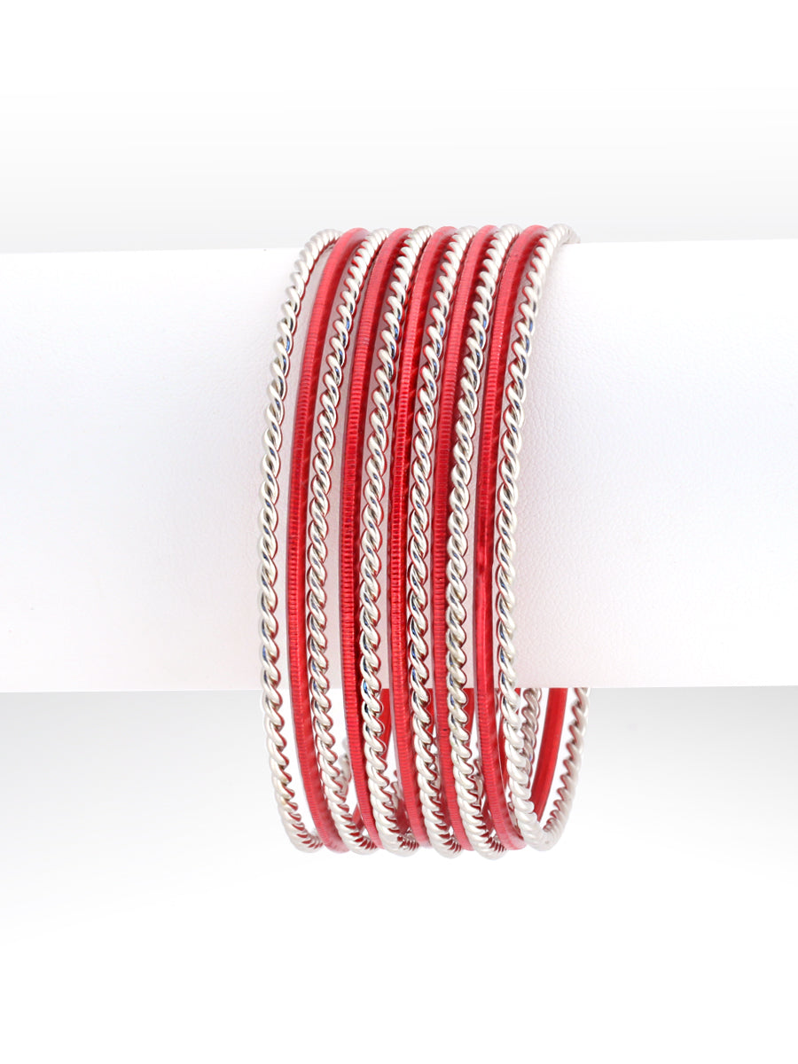 Red and Silver Mixed Bangles Set of 11pcs        