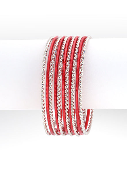 Red and Silver Mixed Bangles Set of 11pcs        