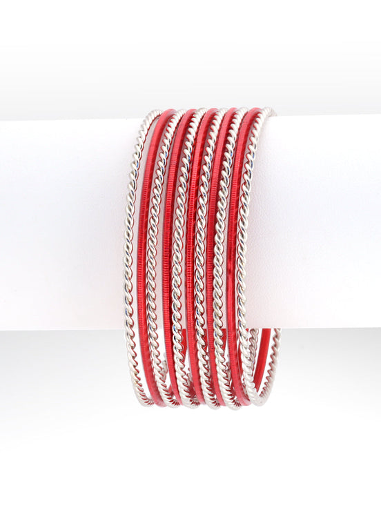 Red and Silver Mixed Bangles Set of 11pcs        