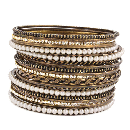 Gold Tone Metal Cream Pearl White Crystal Set Of 19 Bangles