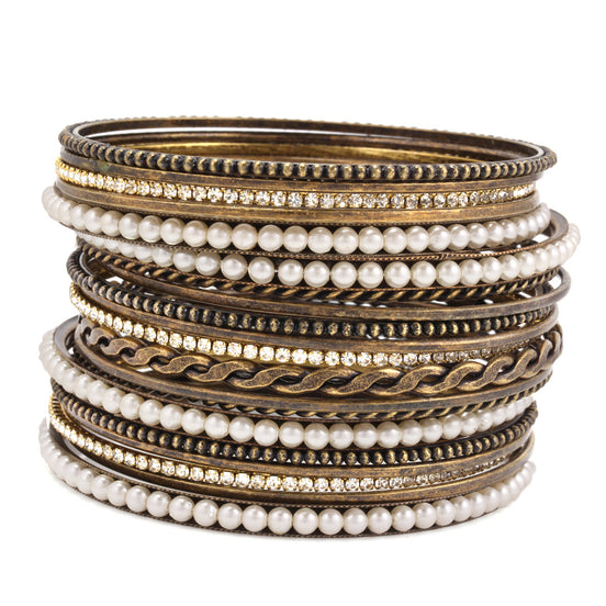 Gold Tone Metal Cream Pearl White Crystal Set Of 19 Bangles