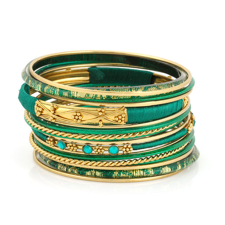 Gold-Tone Green Set Of 9 Bangles