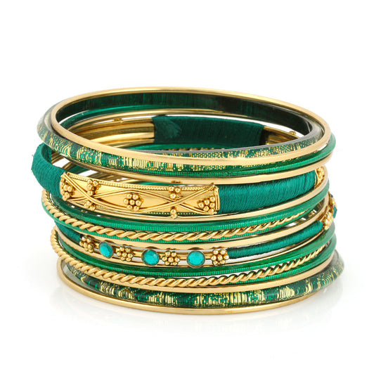 Gold-Tone Green Set Of 9 Bangles