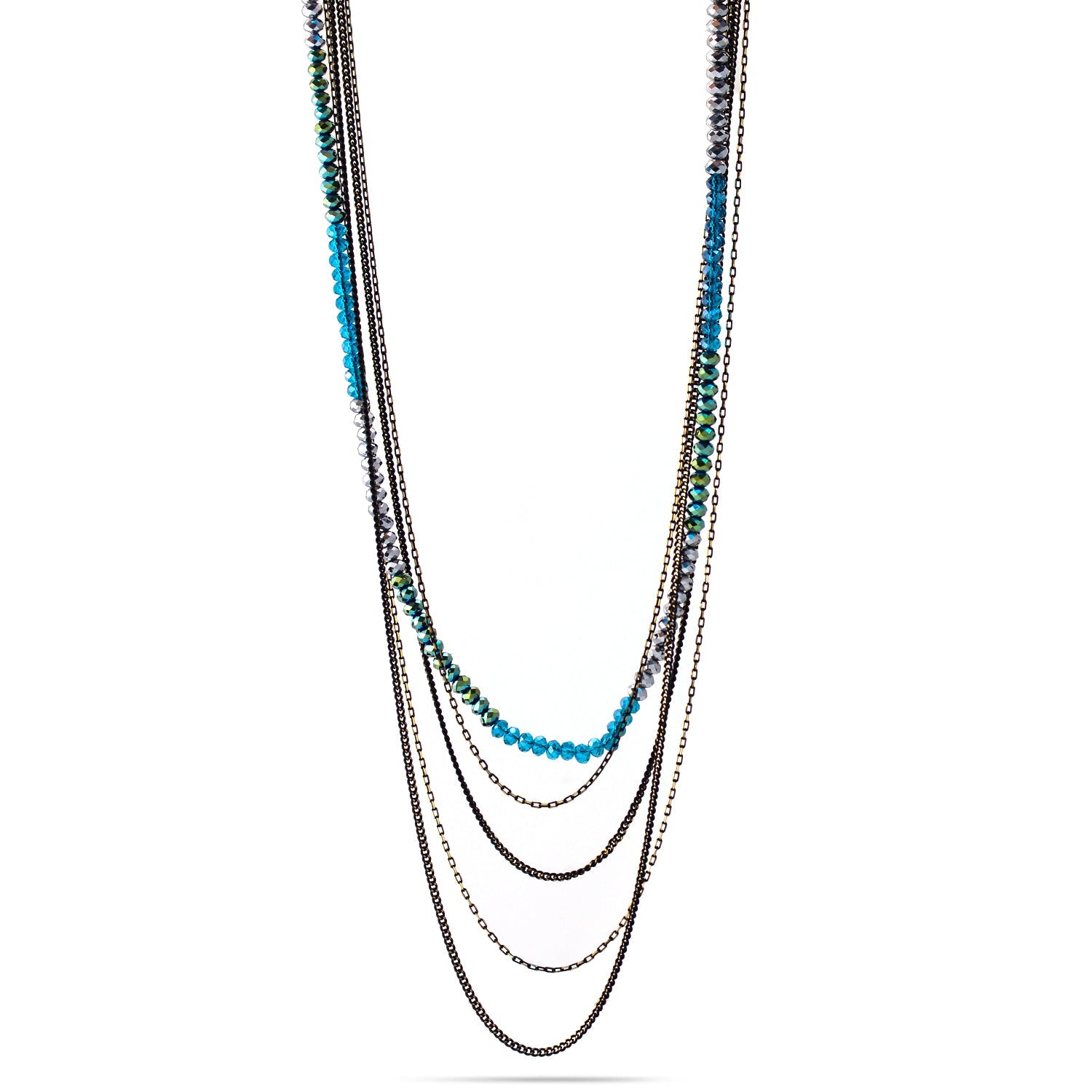 Silver Teal Mixed glass Beads and metal Five-Strand Long Necklace  #HNN92359_TEAL-SIL-OLIVE (TA4/R-TH16)