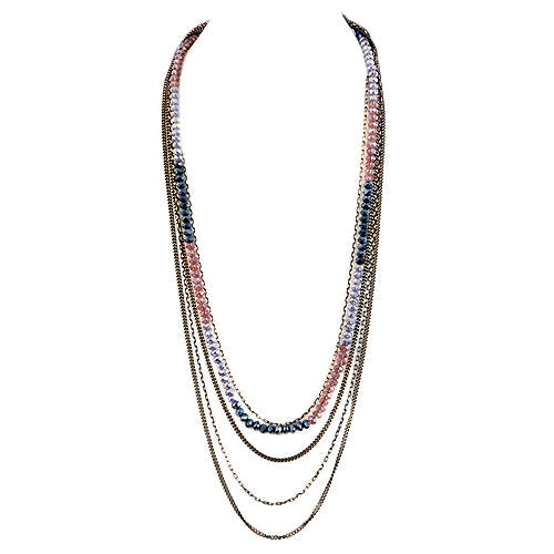 Purple and Hematite Mixed Bead Five-Strand Long Necklace 
