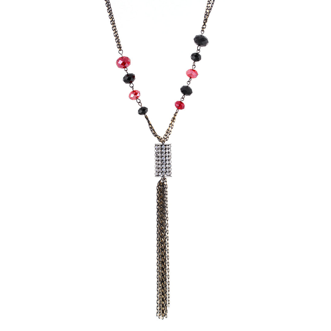 Black And Gold-Tone Metal Chain Red Black Bead White Crystal Tassel Necklace