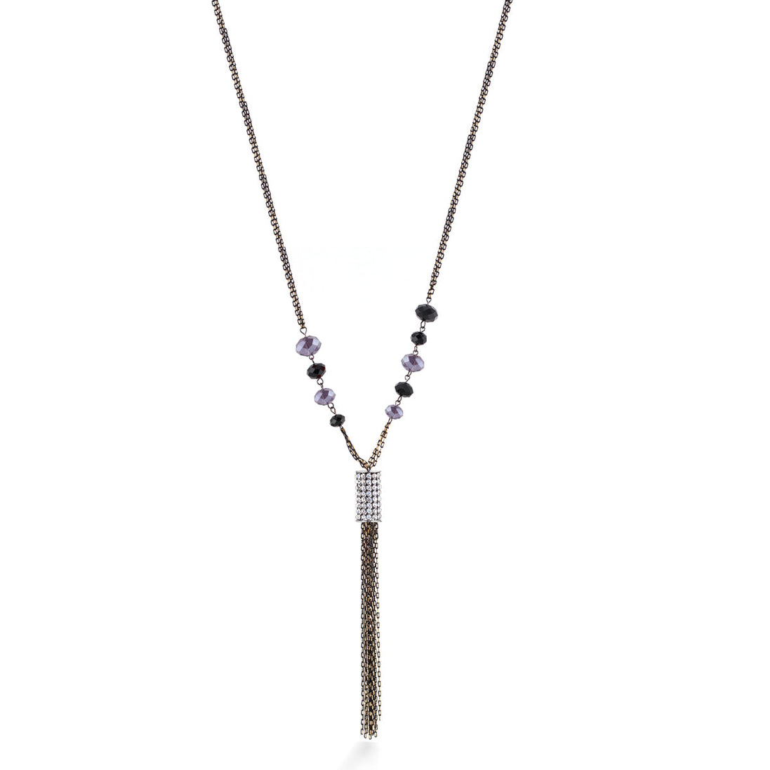 Black And Gold-Tone Metal Chain Amethyst Black Bead White Crystal Tassel Necklace
