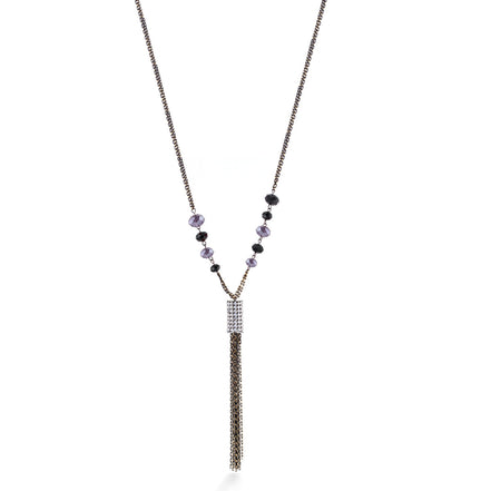 Black And Gold-Tone Metal Chain Amethyst Black Bead White Crystal Tassel Necklace