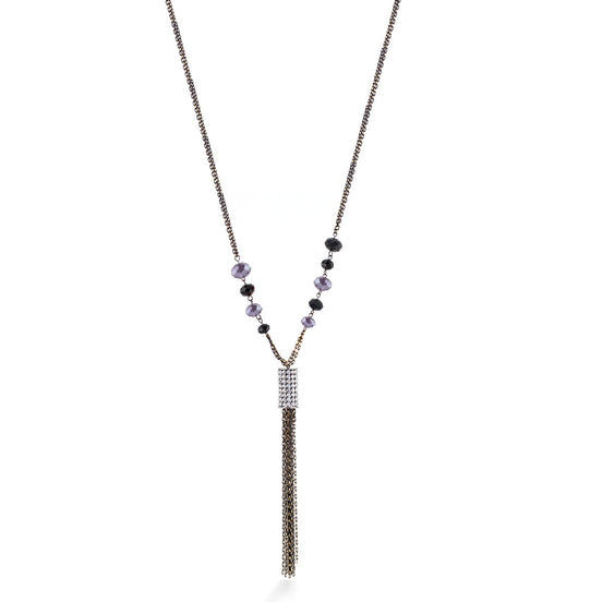 Black And Gold-Tone Metal Chain Amethyst Black Bead White Crystal Tassel Necklace