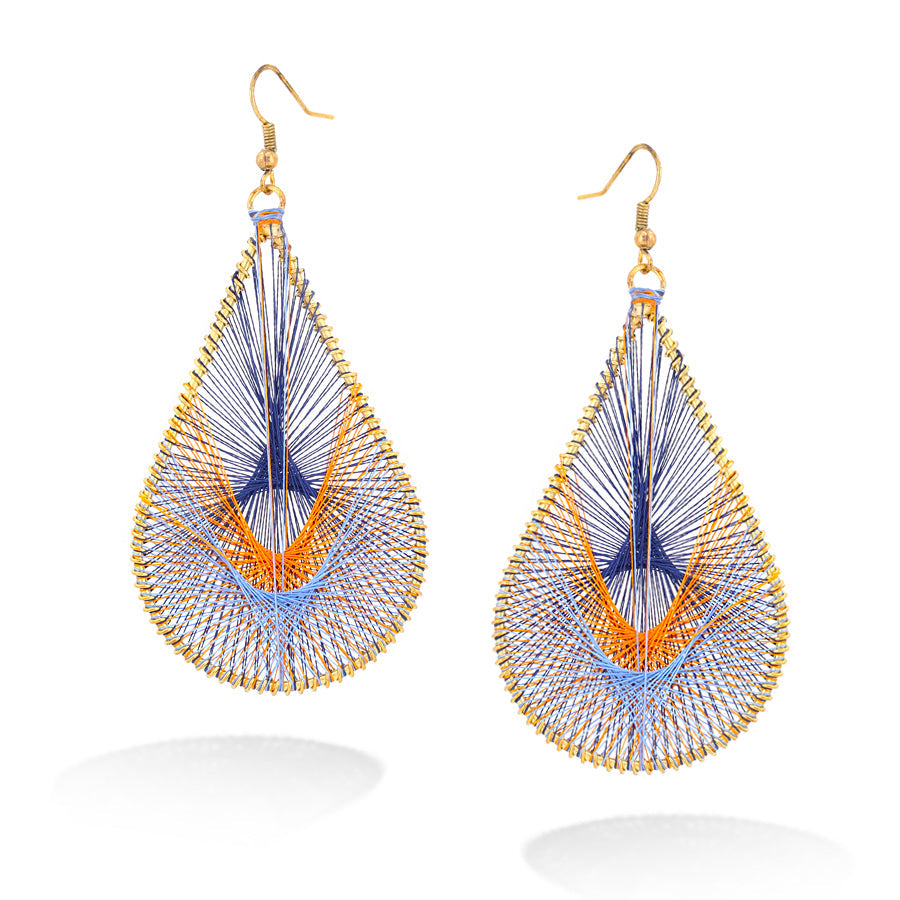 Gold-Tone Blue And Orange Thread Tear Drop Earrings