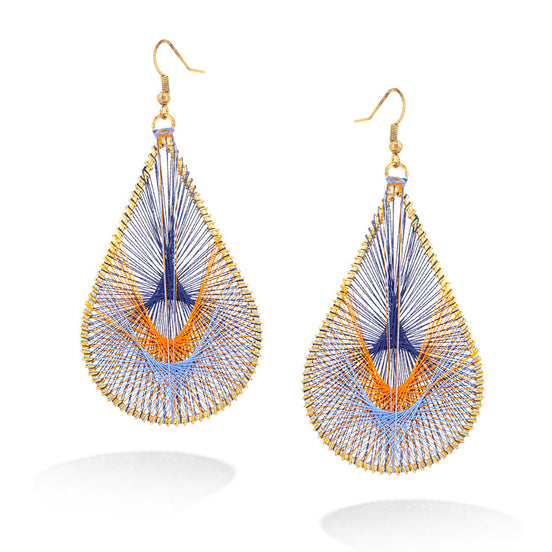 Gold-Tone Blue And Orange Thread Tear Drop Earrings