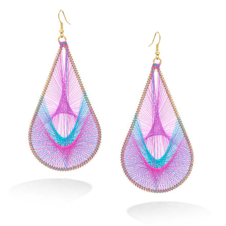 Gold-Tone Purple Turquoise And Pink Thread Treardrop Earrings
