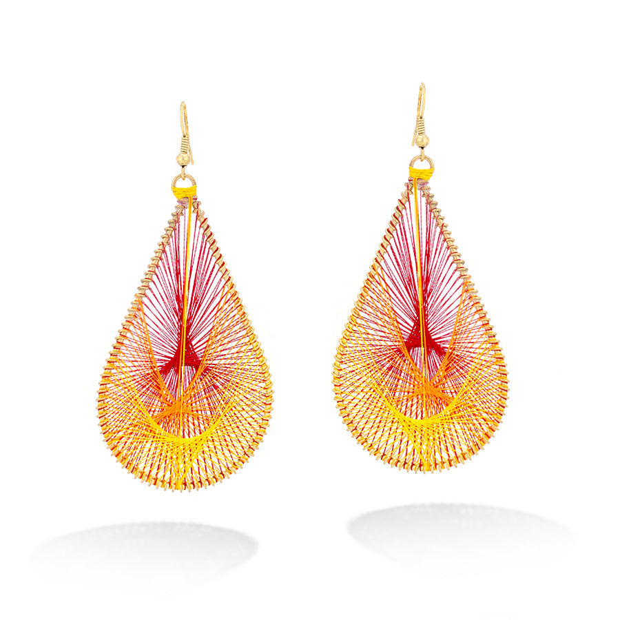 Gold-Tone Yellow And Burgundy Thred Tear Drop Earrings