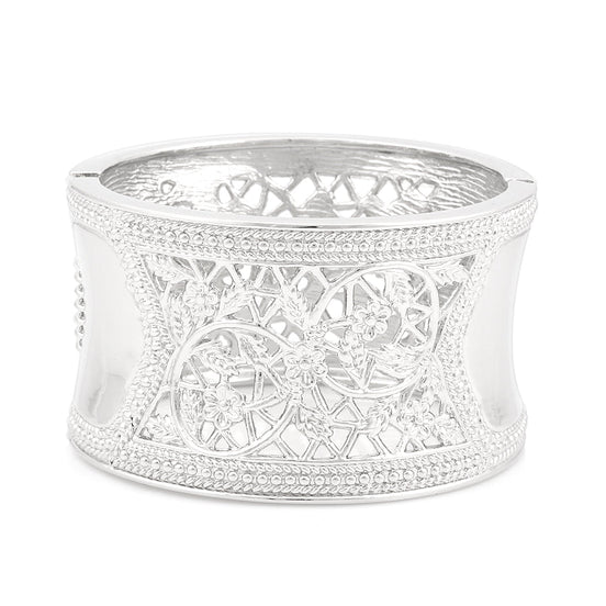 Rhodium-Tone Filigree Hinged Bracelets
