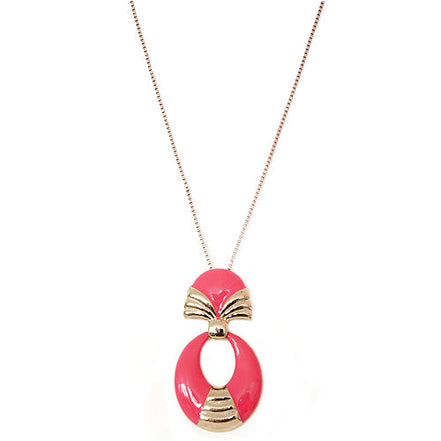 Fuchsia Enamel Oval Shape Gold Long Necklace