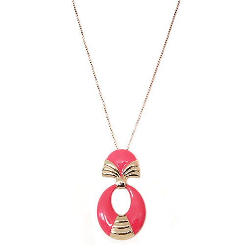 Fuchsia Enamel Oval Shape Gold Long Necklace