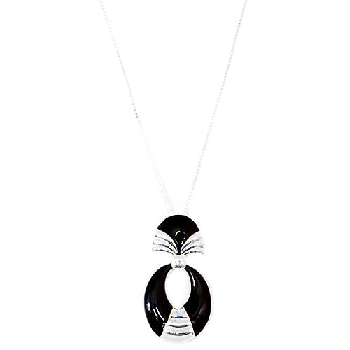 Black Enamel Oval Shape Siver Long Necklace