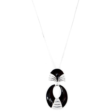 Black Enamel Oval Shape Siver Long Necklace