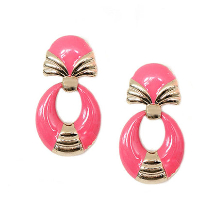 Fuchsia Enamel Oval Shape Gold Stud Earrings