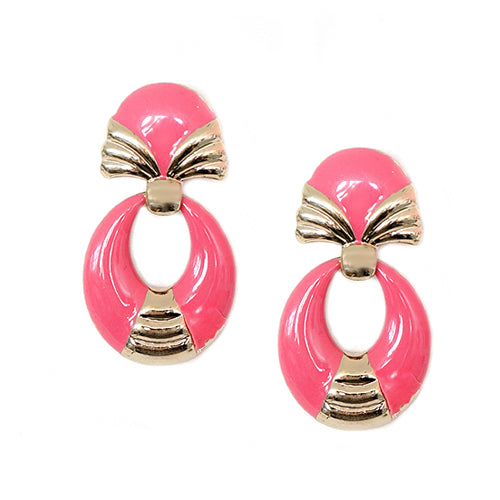 Fuchsia Enamel Oval Shape Gold Stud Earrings
