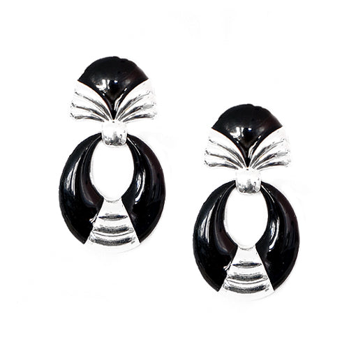 Black Enamel Oval Shape Silver Stud Earrings