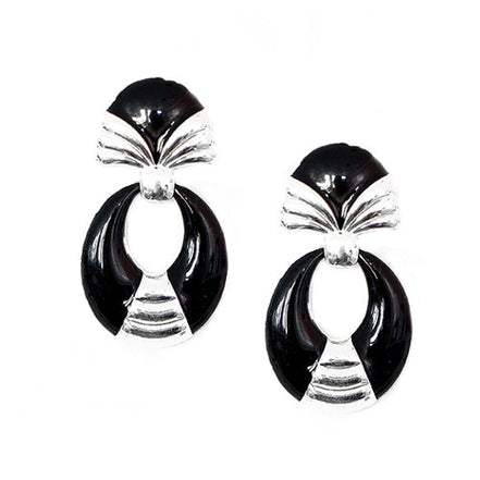 Black Enamel Oval Shape Silver Stud Earrings