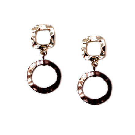 Gold Open Square with Copper Open Circle Hammered Metal Earrings 