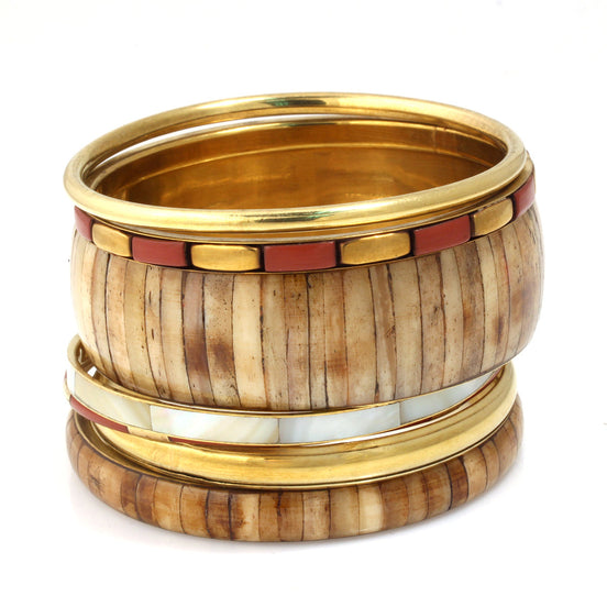 Gold-Tone Metal Blue Natural Bone With Mother of Pearl 7 Pcs Bangle Set