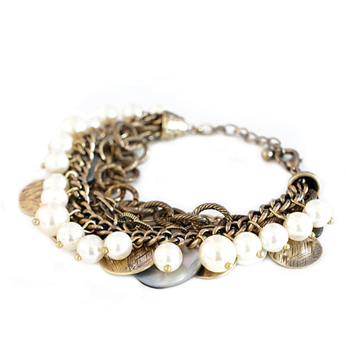 Mother of Pearl and Textured Gold Coin with Gold Chain Charm Bracelet