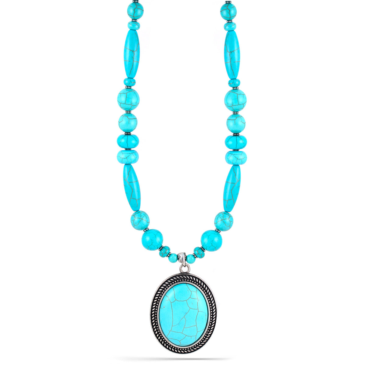 SILVER  OX TURQUOISE OVAL SHAPE PENDANT NECKLACE  #HNN78371_SIL-OX_TRQ (GD4,5)