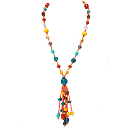 Gold-Multi Swinging Tassels Indian Beaded Necklace