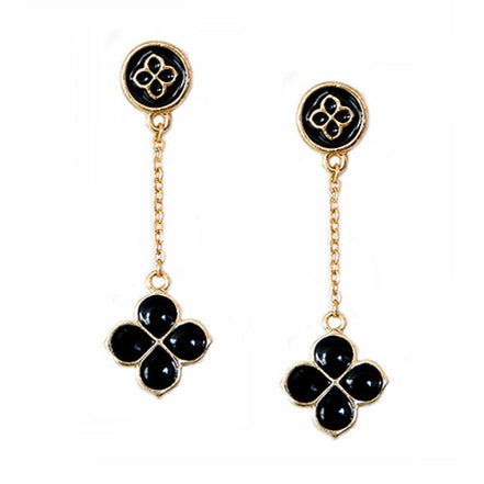 Black Four Leaf Clover Gold Dangling Earrings