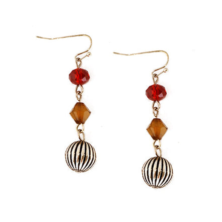 Red and Brown Beaded with Gold Ball Dangle Earring