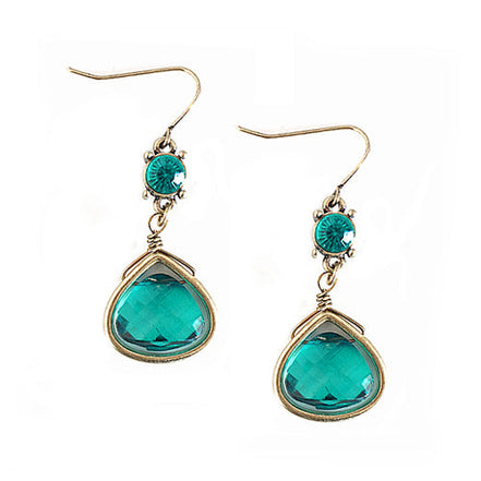 Gold Triangle with Green Mixed Bead Dangling Earrings