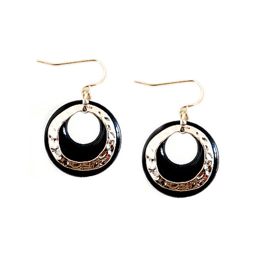 Hammered Gold and Black Ring Double Earrings