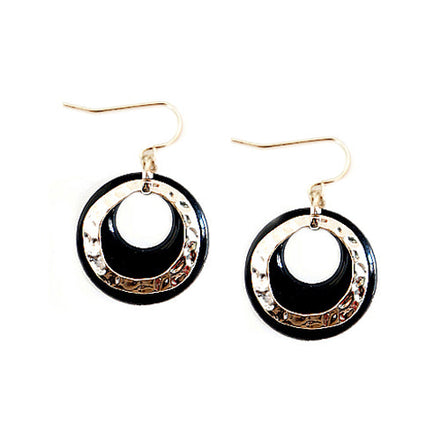 Hammered Gold and Black Ring Double Earrings