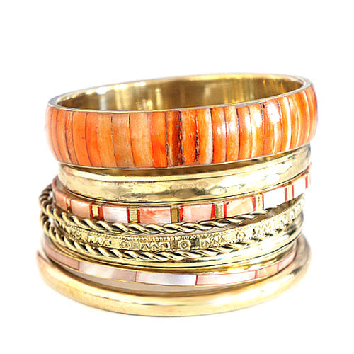 Gold-Tone Metal Orange Natural Bone With Mother of Pearl 10 Pcs Bangle Set