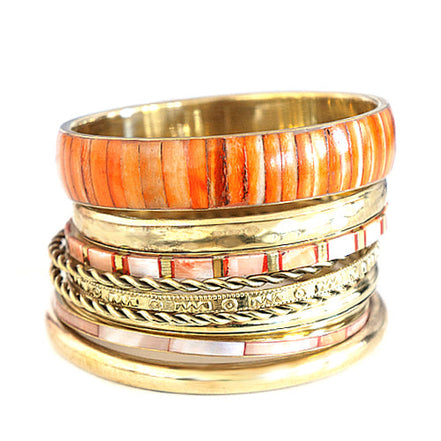 Gold-Tone Metal Orange Natural Bone With Mother of Pearl 10 Pcs Bangle Set