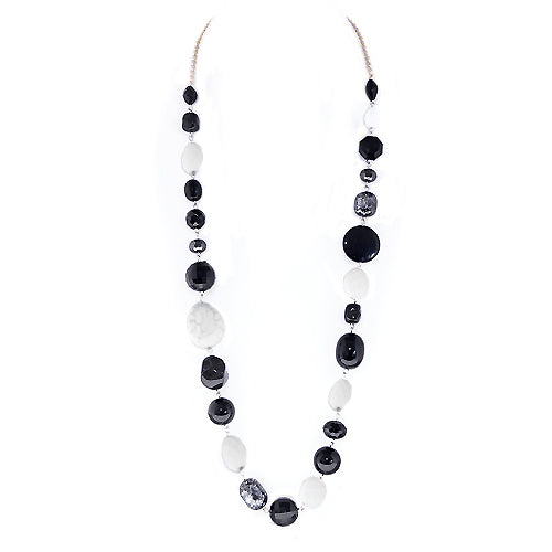 Black and White Beads Gold Long Necklace 